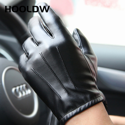HOOLDW New Winter Gloves Men Women Black PU Leather Cashmere Warm Driving Gloves Mittens Touch Screen Waterproof Tactical Gloves ► Photo 1/5