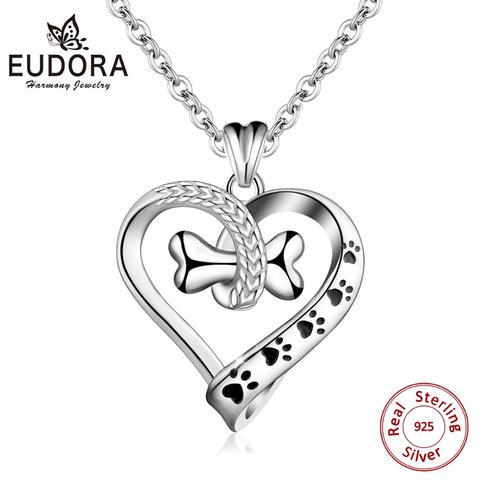 Eudora 925 Sterling Silver animal Pet Dog Cat Footprint & Bone Pendant heart Necklace Women Fine Jewelry For Girl best gift D105 ► Photo 1/6