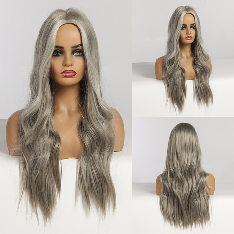 ALAN EATON Long Wavy Silver Gray Ash Wigs with Highlights Middle Part Synthetic Hair Wigs for Women Cosplay Party Heat Resistant ► Photo 1/6