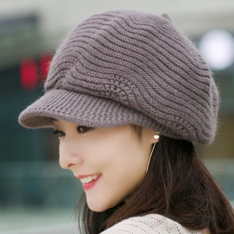 Women 2 Layer Winter Knitted Octagonal Beret Hat Spring Autumn Fleece Inside Newsboy Caps 2022 New Warm Wool Visor Hats ► Photo 1/5