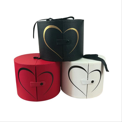 Side Opening Round Paper Gift Box with Ribbon Tied for Holding Flowers & Gifts Hiden Inside Showing Love Happy Valentine's Day ► Photo 1/5