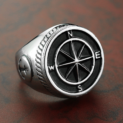 Mens Stainless Steel Compass Sailor Signet Ring Vintage Navy Anchor Nautical Rings Male Punk Biker Jewelry ► Photo 1/6