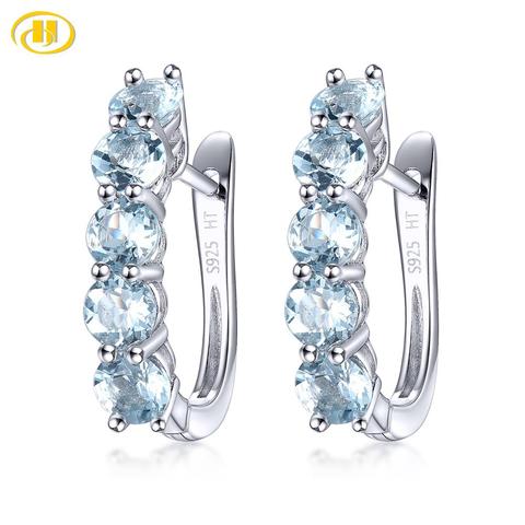 Hutang Natural Aquamarine 925 Silver Hoop Earrings Light Blue Gemstone Solid 925 Sterling Silver Simple Earrings for Women ► Photo 1/6