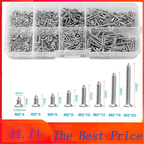 Retail 800Pcs M2 Stainless Steel Self Tapping Wood Screw Assortment Kit Lock Nut Wood Flat head Thread Nail Screw Fastener Sets ► Photo 1/6