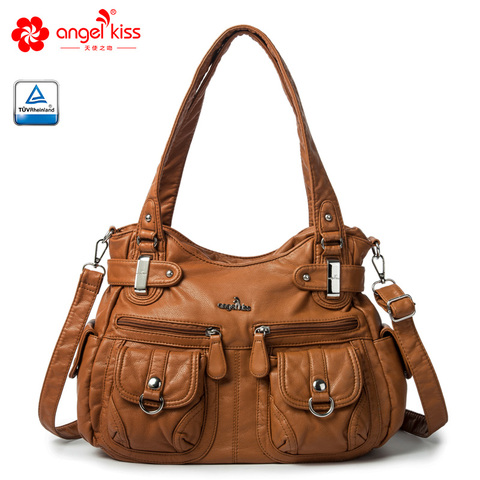 Angelkiss Brand Eco-Friendly Washed PU Leather Top Handle Satchel Shoulder Bag Women Tote Handbag of Two-Compartment Design ► Photo 1/6