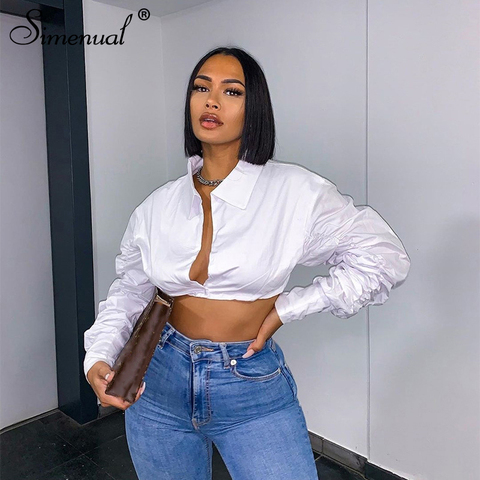 Simenual V Neck Rucehd White Puff Sleeve Blouse Shirts Women Long Sleeve Fashion Fall 2022 Clothing Crop Blouses Solid Slim Hot ► Photo 1/6