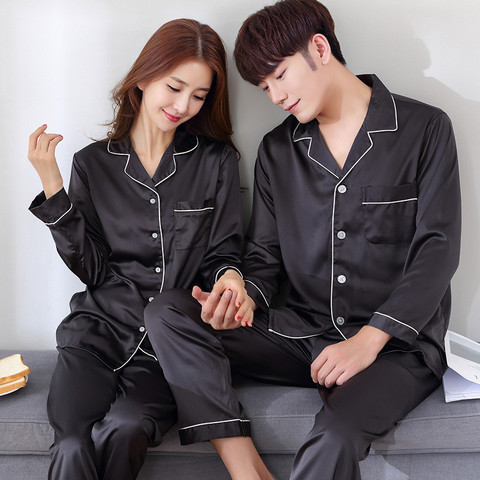 Black Men Nightwear Shirt Pants Sleep Pajamas Sets Long Sleeve Sleepwear Spring Autumn Silky Nightgown Robe Clothes L-XXXL ► Photo 1/6