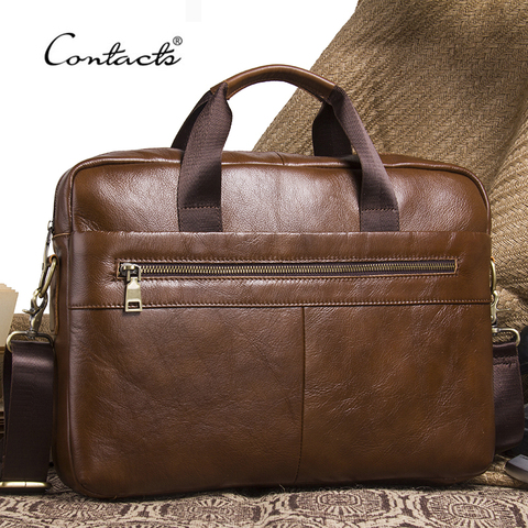 CONTACT'S NEW Business Genuine Leather Men Briefcase Cowhide Men's Messenger Bags For 14