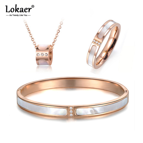 Lokaer Classic Titanium Steel White Shell Necklace Rings Bangles Bridal Sets CZ Crystal Wedding Bands Jewelry For Women SE030 ► Photo 1/6