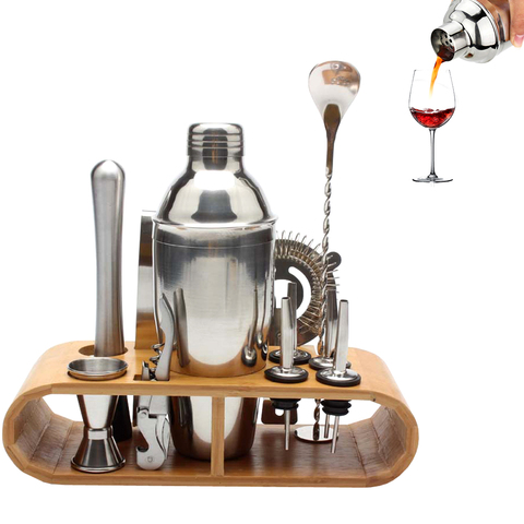 12pcs/set Stainless Steel Cocktail Shaker Set With Oval Wooden Stand Base Bar Shaker Drink Mixer Set Bar Tool for Home Bar Party ► Photo 1/6