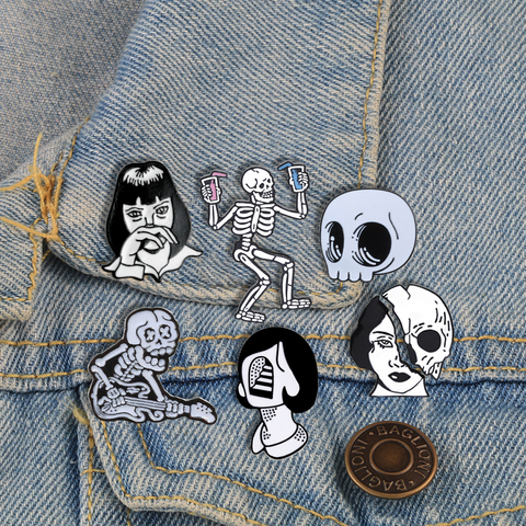 Skeleton Enamel Pins Movie Role Women Face Brooches Punk Dark Gothic Skeleton Skull Collection Badge Party Gifts For Women Men ► Photo 1/6