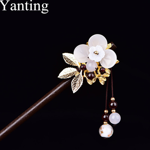 Yanting Women Hair Stick Natural Shell Flower Garnet Stone Wood Hairpin Headwear Ethnic Hair Jewelry Handmade Unique Design 0147 ► Photo 1/6