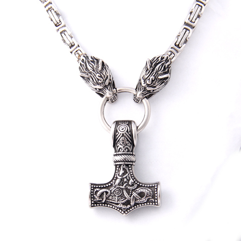 Viking Thor Thor hammer pendant necklace titanium steel wolf head chain necklace Viking Retro jewelry ► Photo 1/6