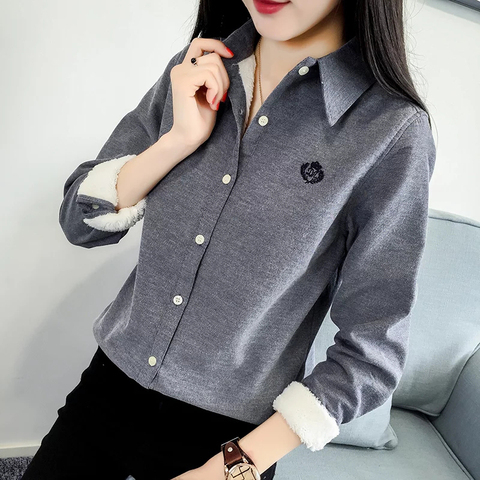 Very Thick Women Winter Style Blouses Shirts Lady Casual Long Sleeve Turn-down Collar Velvet Blusas Tops DF3161 ► Photo 1/6