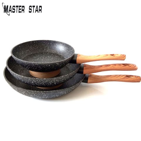Master Star Best Fry Pan Black Granite Coating Non-stick Cooker Wooden Like Handle Marble Pan Induction Cooker 20/24/28cm Set ► Photo 1/6