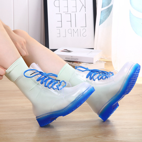 Women Rain Boots Mature Lady Lace Up Waterproof Lady Shoes Transparent Candy Colors Ankle Outdoor Girl's Shoes dfc3 ► Photo 1/6