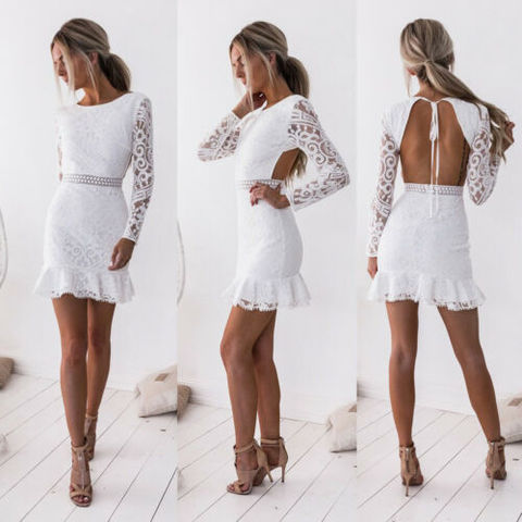 Women Sexy Long Sleeves Evening Party Short Mini White Dress Bodycon Backless Dress Plus Size ► Photo 1/6