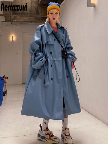 Nerazzurri Oversized blue long leather trench coat women raglan sleeve drawstring Loose casual plus size waterproof raincoat 7xl ► Photo 1/6