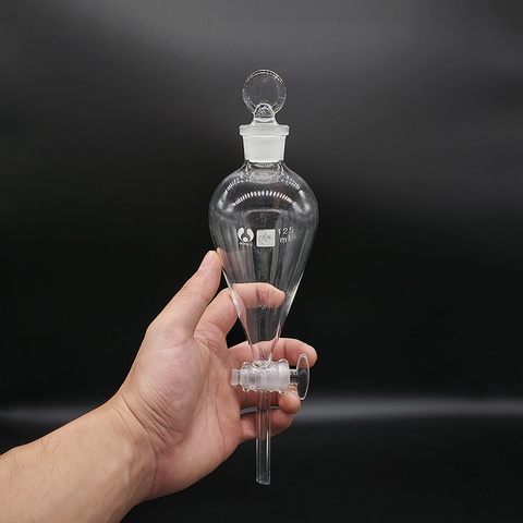 Separatory funnel pear shape,with ground-in glass stopper and stopcock.Capacity 125ml,Without tick mark,Glass switch valve ► Photo 1/2