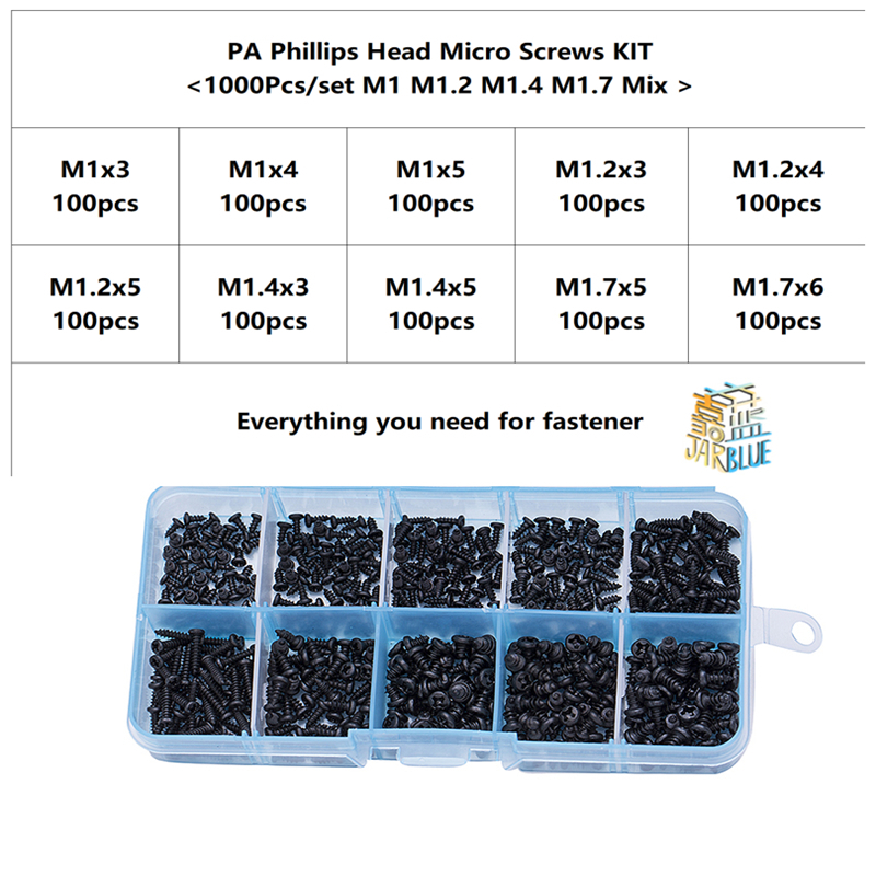 1000Pcs/set M1 M1.2 M1.4 M1.7 mix PA head micro screws round  Z^ 