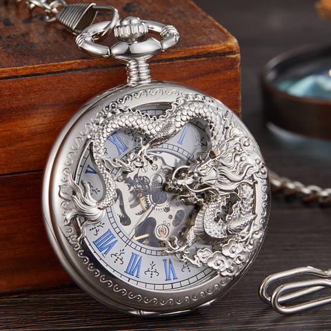 Luxury Silver Mechanical Pocket Watch Dragon Laser Engraved Clock Animal Necklace Pendant Hand Winding Clock Men Fob Watch Chain ► Photo 1/6