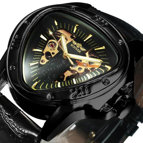 WINNER Official Watches Mens 2022 Automatic Mechanical Watch For Men Top Brand Luxury Skeleton Triangle Gold Black часы мужские ► Photo 1/6