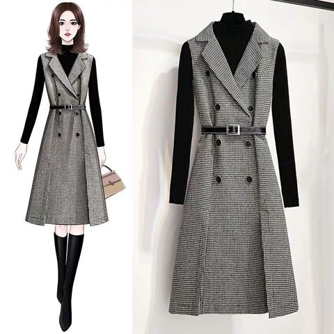 Autumn Winter Women Houndstooth Sleeveless Notched Collar Double-Breasted Split Office Tweed Plaid Midi Dress With Belted Top ► Photo 1/6