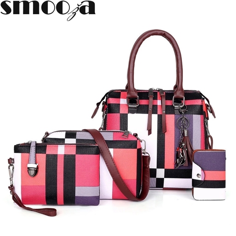 SMOOZA Luxury Handbags Plaid Women Bags Designer 2022 Tassel Purses Top Handle Bags Set 4 Pieces Bags Female Bolsa Feminina ► Photo 1/6