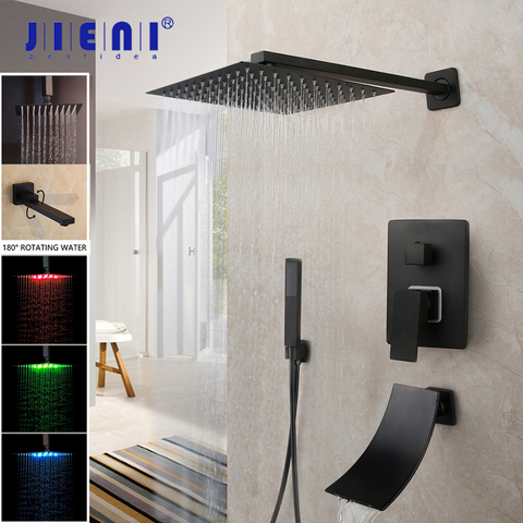 JIENI 8/16 Inch Matte Black Rainfall Shower Faucet Tub Led Bathtub Rain Square Shower Head Waterfall Spray Shower Faucet Set ► Photo 1/6