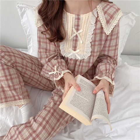 lolita princess pajamas set women loose lacework bow tie plaid home suit long sleeve top pants 2 pcs homewear pink green Y195 ► Photo 1/6