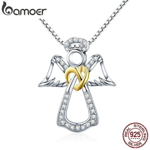 BAMOER Authentic 925 Sterling Silver Guardian Angel Heart Pendant Necklaces Dazzling CZ Luxury Sterling Silver Jewelry SCN123 ► Photo 1/6