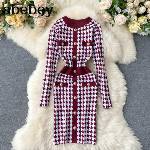 Womne Plaid Houndstooth Knitted Dress Autumn Fashion Retro Knit Sweater Robe Work Streetwear Winter Bodycon Plaid Dress ► Photo 1/6