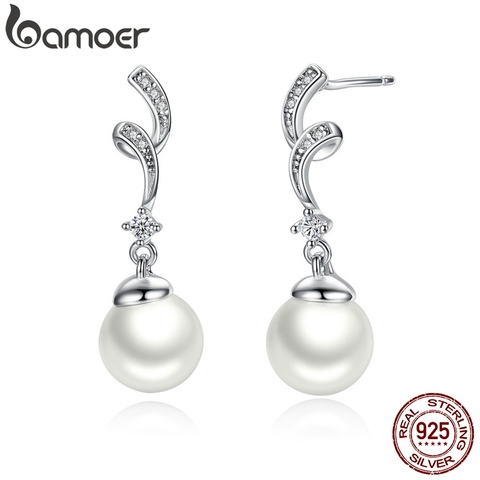 BAMOER Unique Design 100% 925 Sterling Silver Simulated Pearl & Wave Drop Earrings Women Fashion Jewelry SCE035 ► Photo 1/6