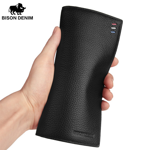 BISON DENIM Genuine Leather Card Holder Men Wallets Cowskin Long Style Purse Brand Luxury Soft Leather Slim Male Wallet N4391-5 ► Photo 1/6