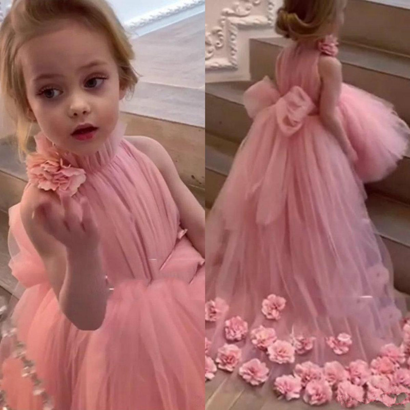 2018 Beautiful Girls Flower Dress Kids Pink Wedding Princess Bridesmaid Gown K25