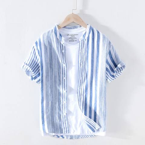 100% Pure Linen Striped Shirts Short Sleeve Casual Stand Collar Hemp Shirts Man Summer Fashion Breathable Tops Men's Clothing ► Photo 1/6