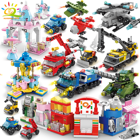 HUIQIBAO 6IN1 City Fire Police Army Engineering Street View Girls Building Blocks Tank Helicopter Truck Car Bricks Children Toys ► Photo 1/6