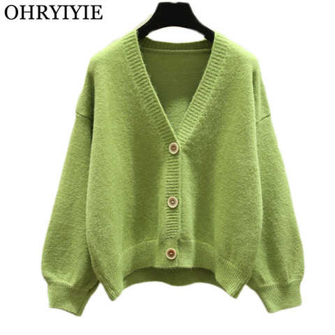 OHRYIYIE 2022 Autumn New Knit Female Oversize Cardigan Women Loose Casual V Neck Knitted Sweater Winter Coat Lady Green Cardigan ► Photo 1/6