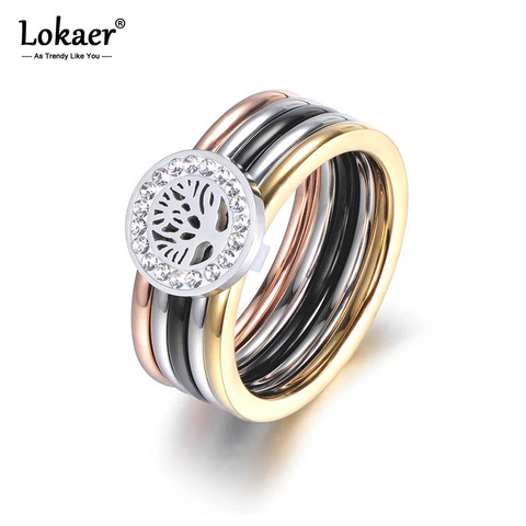 Lokaer Colorful Gold CZ Crystal Tree Rings Jewelry Titanium Steel Wedding Engagement Ring For Women Gift Anneaux R180150533 ► Photo 1/5