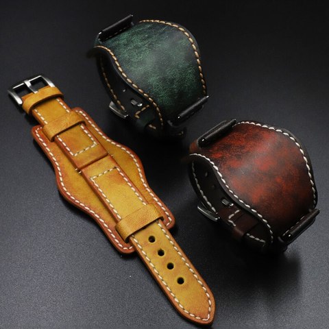 Onthelevel Leather Cuff Watch Band 22mm 24mm Watch Strap With Mat Wrist Protection Yellow Red Watchband For Fossil #D ► Photo 1/6