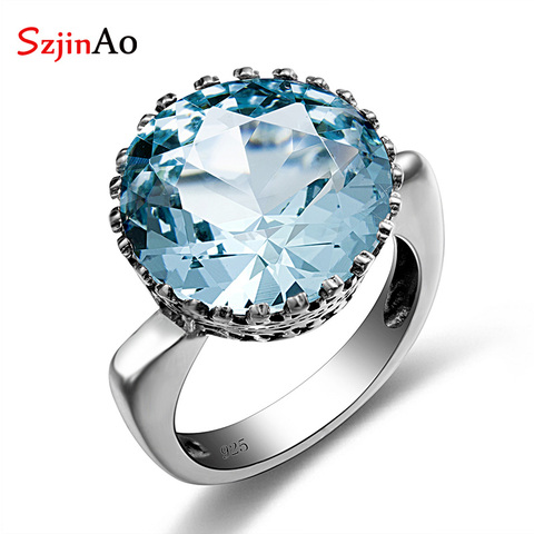 Szjinao Big Vintage Aquamarine Ring For Women Real 925 Sterling Silver Branded Jewellery Handmade Round Gemstones Wedding Ring ► Photo 1/6