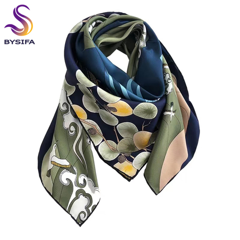 [BYSIFA] New 100% Pure Silk Square Scarf Hijab Fashion Blue Green Women Scarves Shawl Fall Winter Luxury Brand Neck Scarf Cape ► Photo 1/6