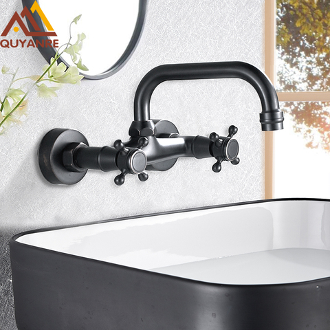 Quyanre Blackend Wall Mount Basin Faucets Dual Handles Mixer Tap Hot Cold Water Mixer Tap For Kitchen 360 Rotation Kitchen Mixer ► Photo 1/6