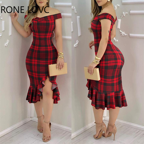 Women Plaid Off Shoulder Ruffle Hem Slit Dress Party Sexy Dress Elegant Fashion Dress ► Photo 1/4