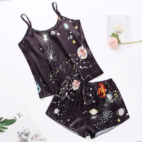 Women's Sleepwear Sexy Satin Pajama Set Cartoon Printing Pyjamas Sleeveless Cute Cami Top and Shorts ► Photo 1/6