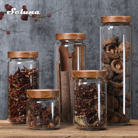 Wood Lid Glass Airtight Canister Kitchen Storage Bottles Jars Food Container Grains Tea Coffee Beans Grains Candy Jar Containers ► Photo 1/6