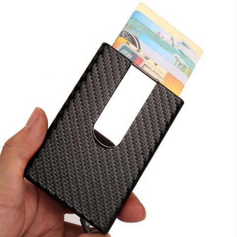 Business Aluminum Wallet Automatic Slide Card Case Carbon Fiber PU Leather Metal ID Credit Card Holder Clip ► Photo 1/6