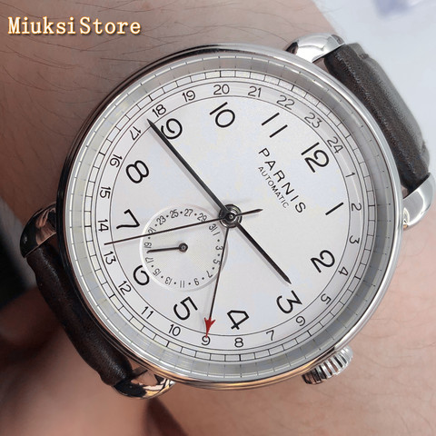 Parnis 2022 new automatic mechanical watch 42mm silver case GMT arab mark date window leather mens top watch ► Photo 1/6
