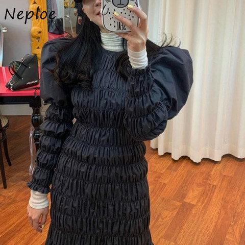 Neploe Chic O-neck Pleated Design Dresses Slim Waist Puff Sleeve Bodycon Women Dress Fashion Solid Color Trumpet Vestidos ► Photo 1/6