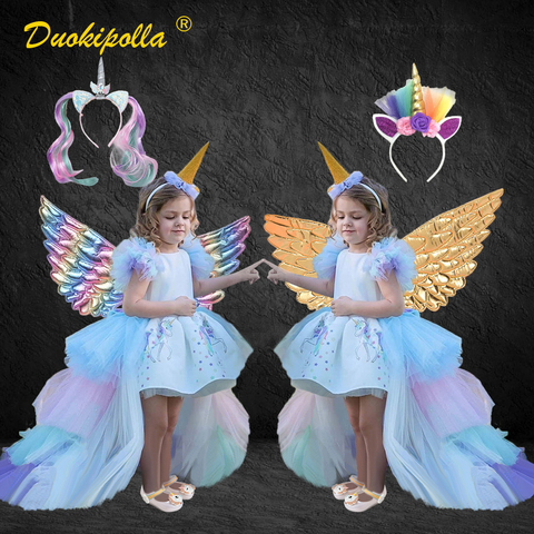Kids Rainbow Unicorn Dress with Long Tails Angel Wings Party Dress for Girl Princess Costume Lol Ball Gown Baby Girls Pony Dress ► Photo 1/6